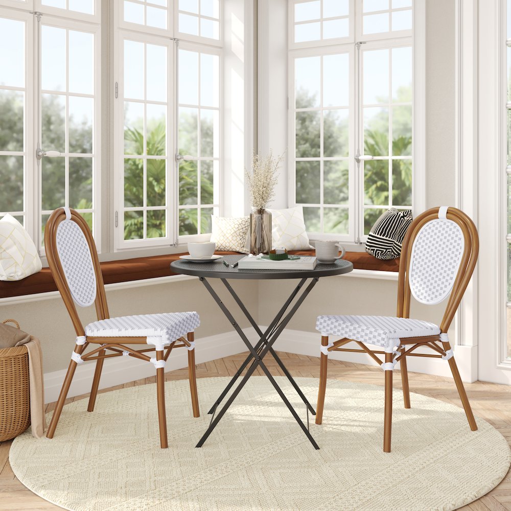 Set of 2 Classic Commercial Grade Bistro Chairs, White & Gray/Natural Frame. Picture 3