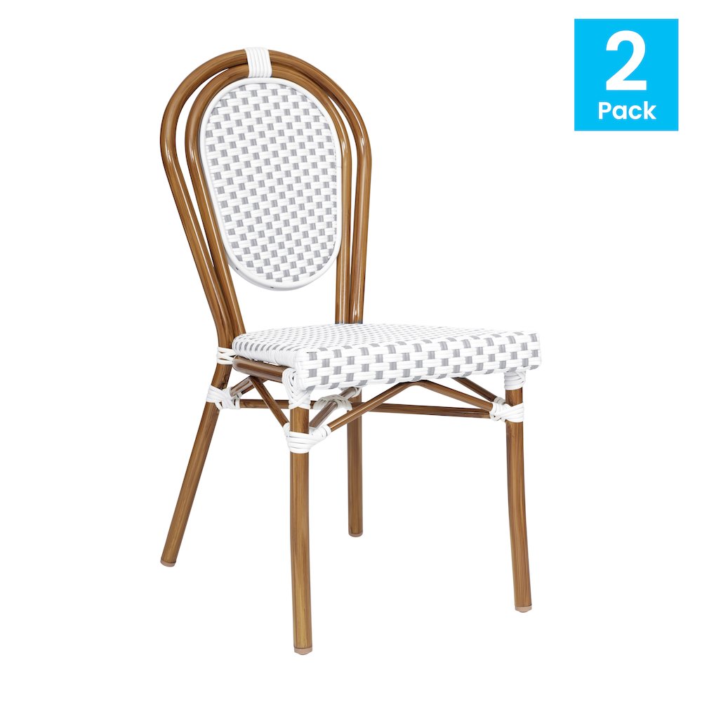 Set of 2 Classic Commercial Grade Bistro Chairs, White & Gray/Natural Frame. Picture 2