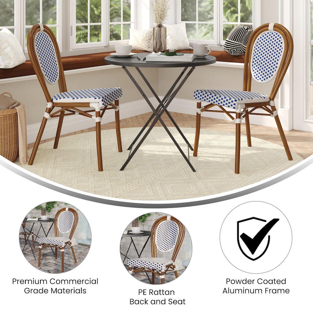 Set of 2 Classic Commercial Grade Bistro Chairs, White & Navy/Natural Frame. Picture 5