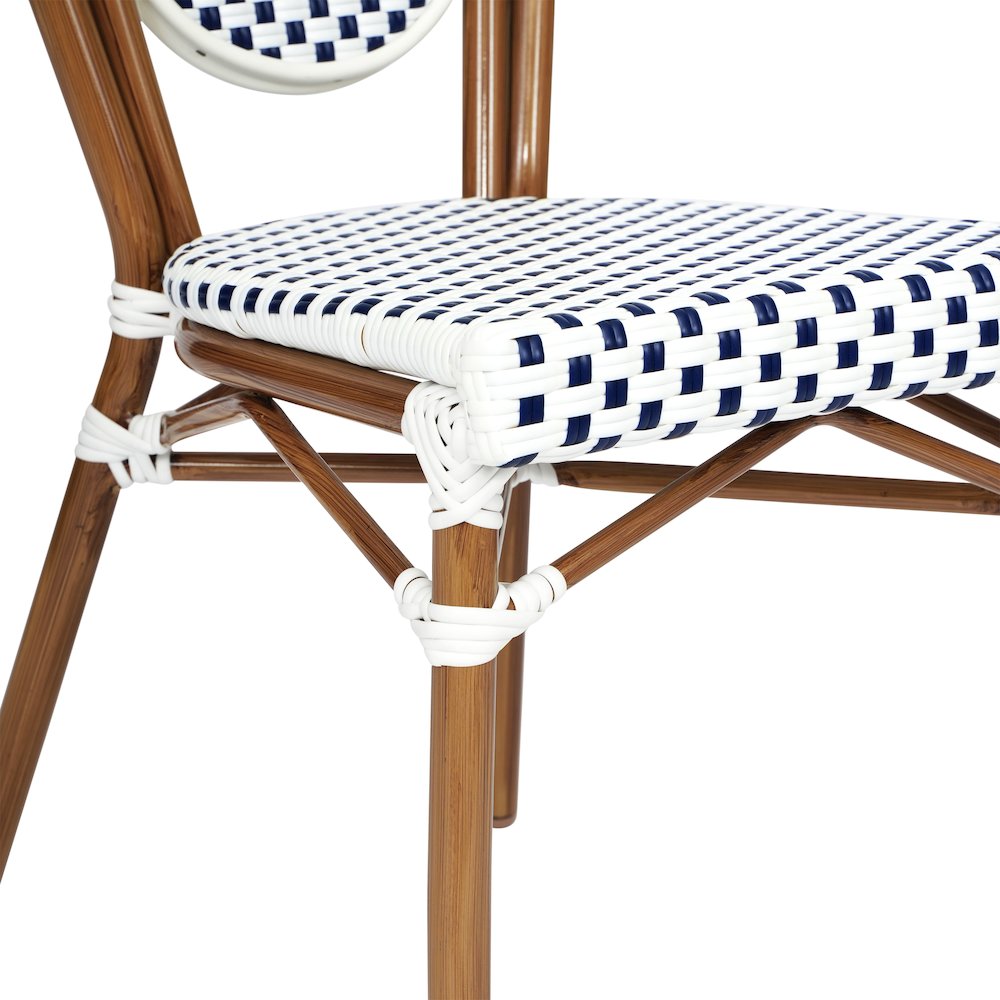 Set of 2 Classic Commercial Grade Bistro Chairs, White & Navy/Natural Frame. Picture 9
