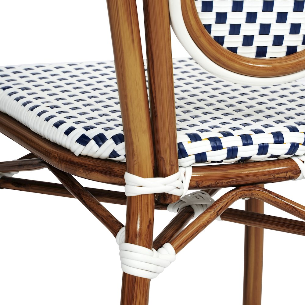 Set of 2 Classic Commercial Grade Bistro Chairs, White & Navy/Natural Frame. Picture 14