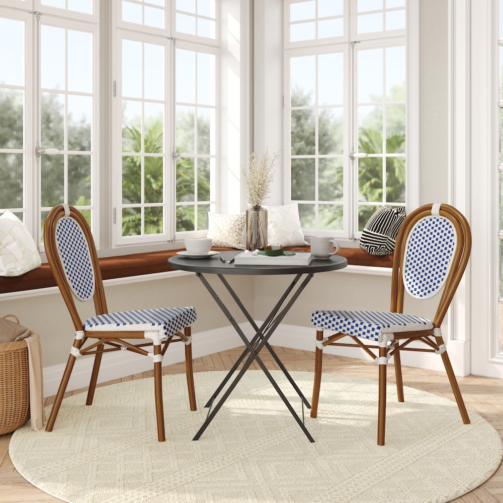 Set of 2 Classic Commercial Grade Bistro Chairs, White & Navy/Natural Frame. Picture 3