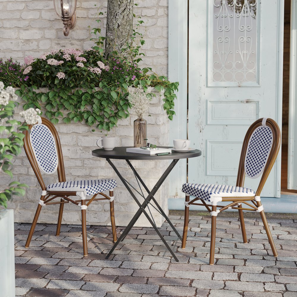 Set of 2 Classic Commercial Grade Bistro Chairs, White & Navy/Natural Frame. Picture 7