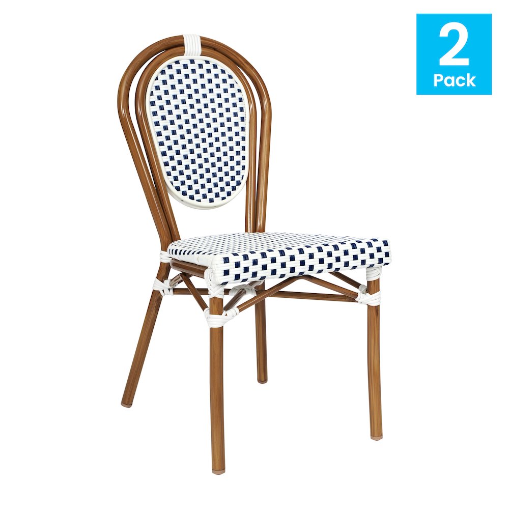 Set of 2 Classic Commercial Grade Bistro Chairs, White & Navy/Natural Frame. Picture 2