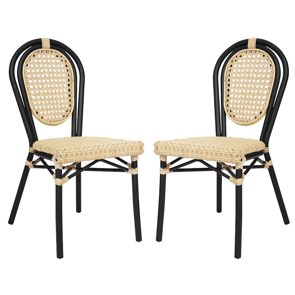 2 Pack Bistro Stacking Chair, Natural PE Cane Rattan and Black Aluminum Frame. Picture 1