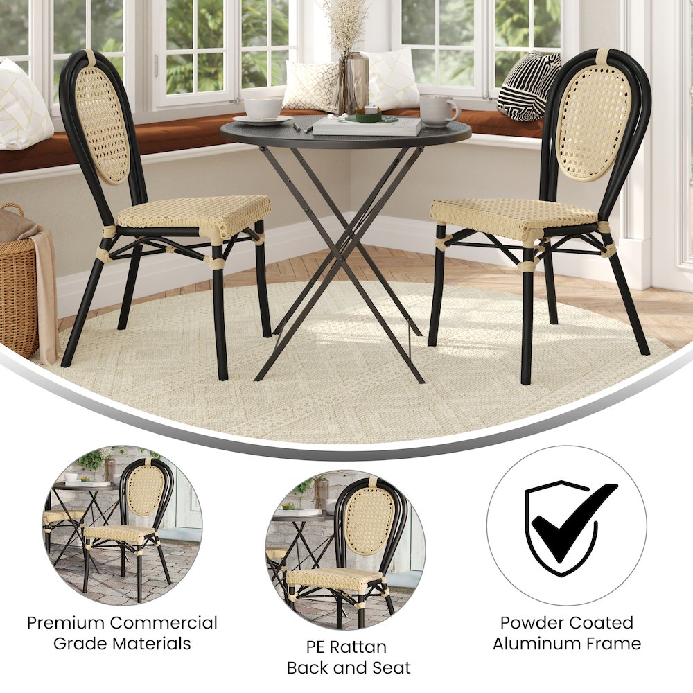 2 Pack Bistro Stacking Chair, Natural PE Cane Rattan and Black Aluminum Frame. Picture 5