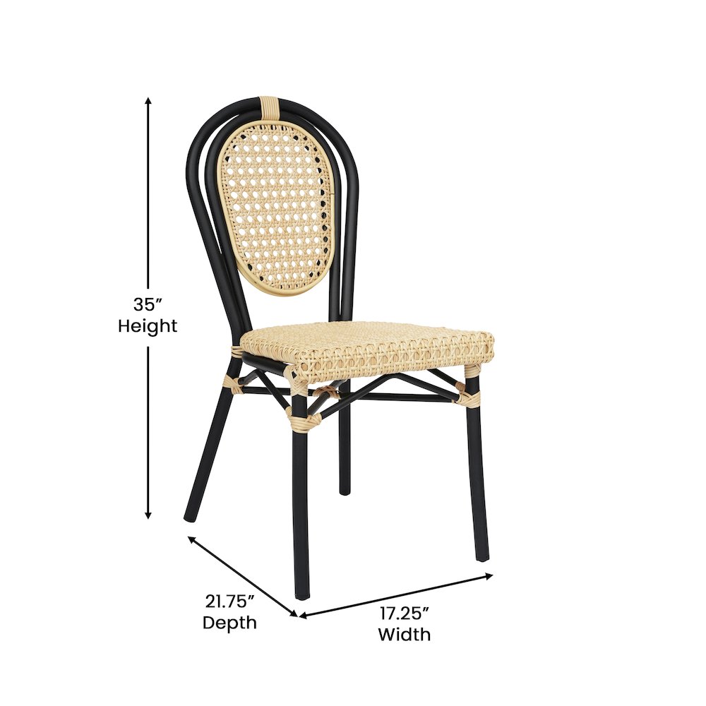 2 Pack Bistro Stacking Chair, Natural PE Cane Rattan and Black Aluminum Frame. Picture 6