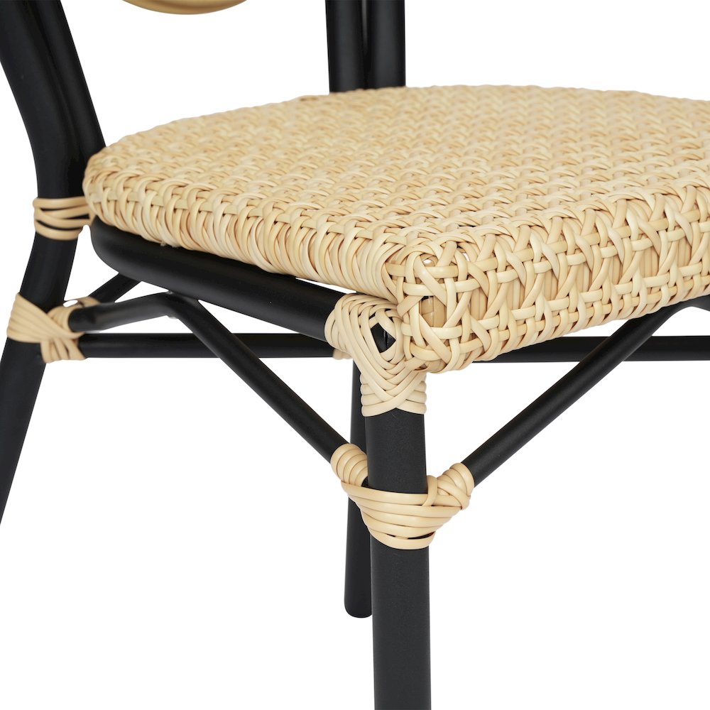 2 Pack Bistro Stacking Chair, Natural PE Cane Rattan and Black Aluminum Frame. Picture 9