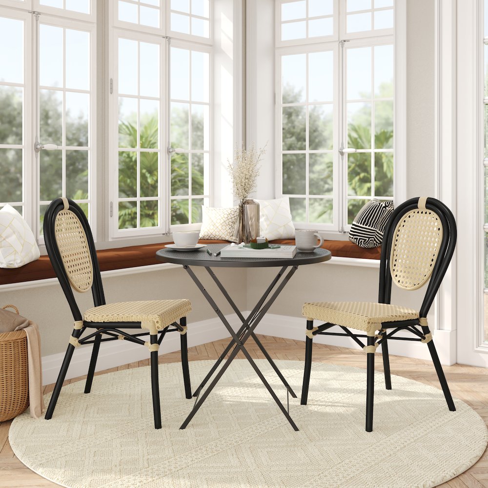 2 Pack Bistro Stacking Chair, Natural PE Cane Rattan and Black Aluminum Frame. Picture 3