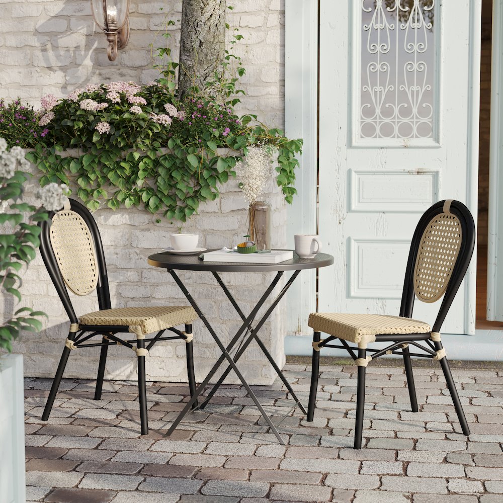 2 Pack Bistro Stacking Chair, Natural PE Cane Rattan and Black Aluminum Frame. Picture 7