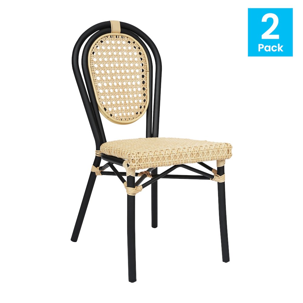 2 Pack Bistro Stacking Chair, Natural PE Cane Rattan and Black Aluminum Frame. Picture 2