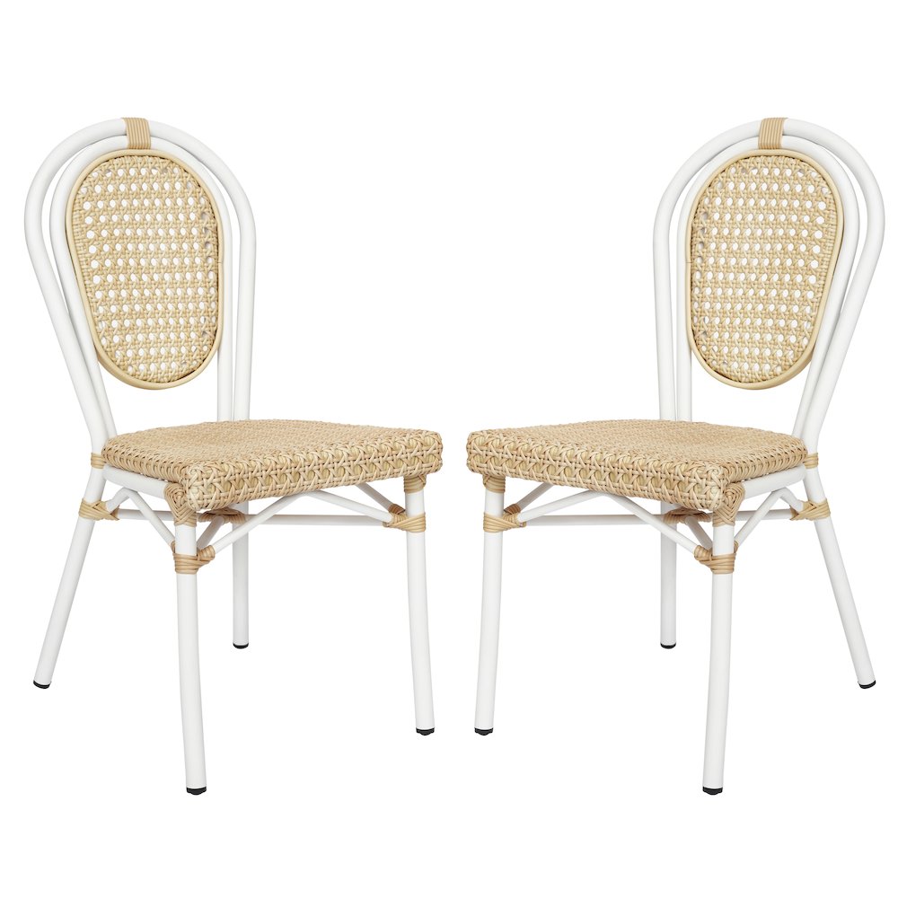 2 Pack Bistro Stacking Chair, Natural PE Cane Rattan and White Aluminum Frame. Picture 1