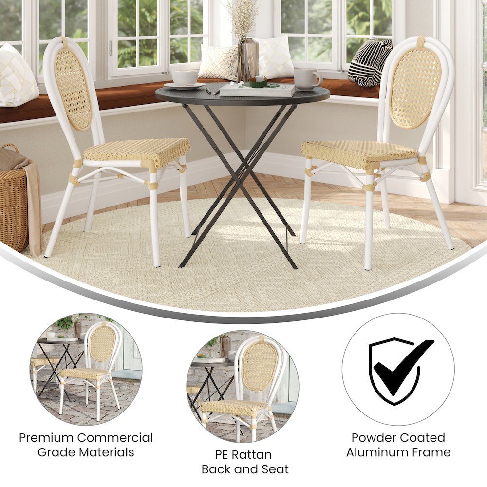 2 Pack Bistro Stacking Chair, Natural PE Cane Rattan and White Aluminum Frame. Picture 5