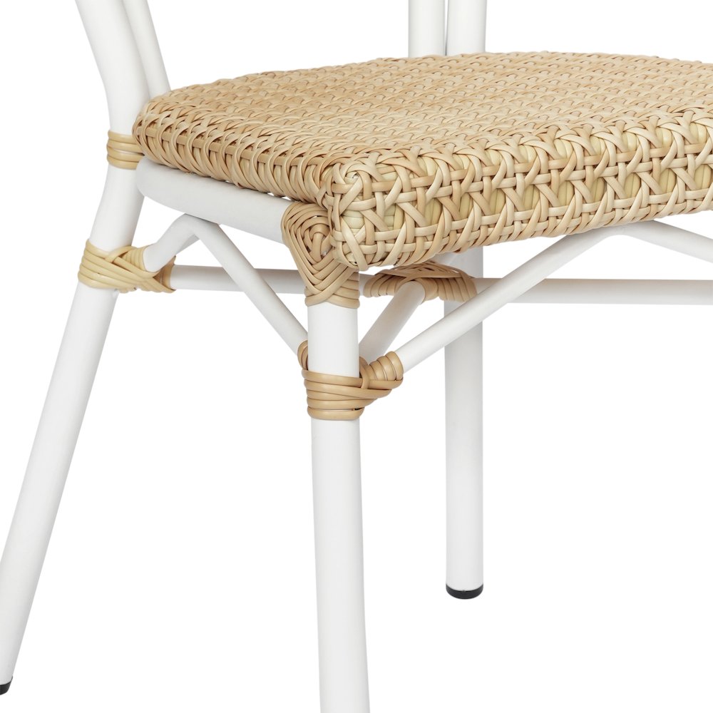 2 Pack Bistro Stacking Chair, Natural PE Cane Rattan and White Aluminum Frame. Picture 9