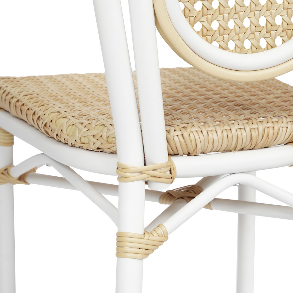 2 Pack Bistro Stacking Chair, Natural PE Cane Rattan and White Aluminum Frame. Picture 12