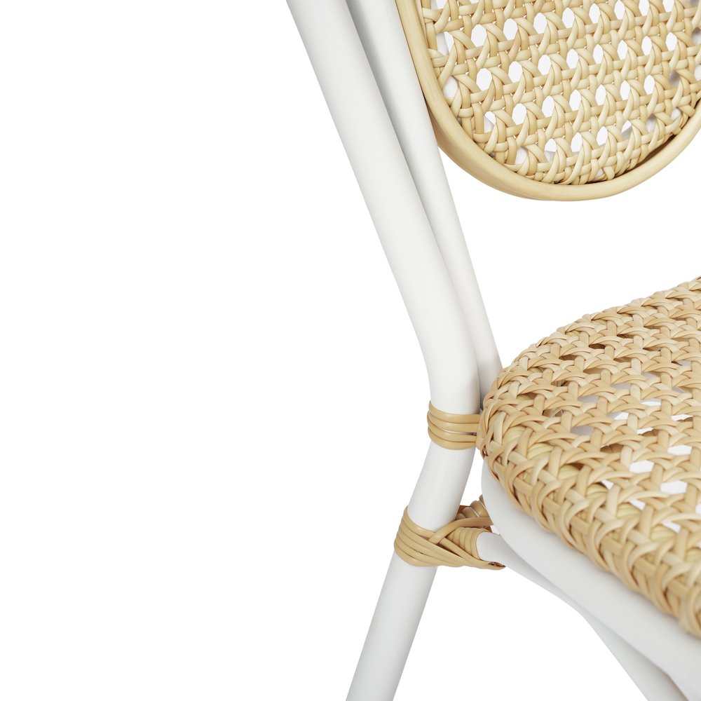 2 Pack Bistro Stacking Chair, Natural PE Cane Rattan and White Aluminum Frame. Picture 13