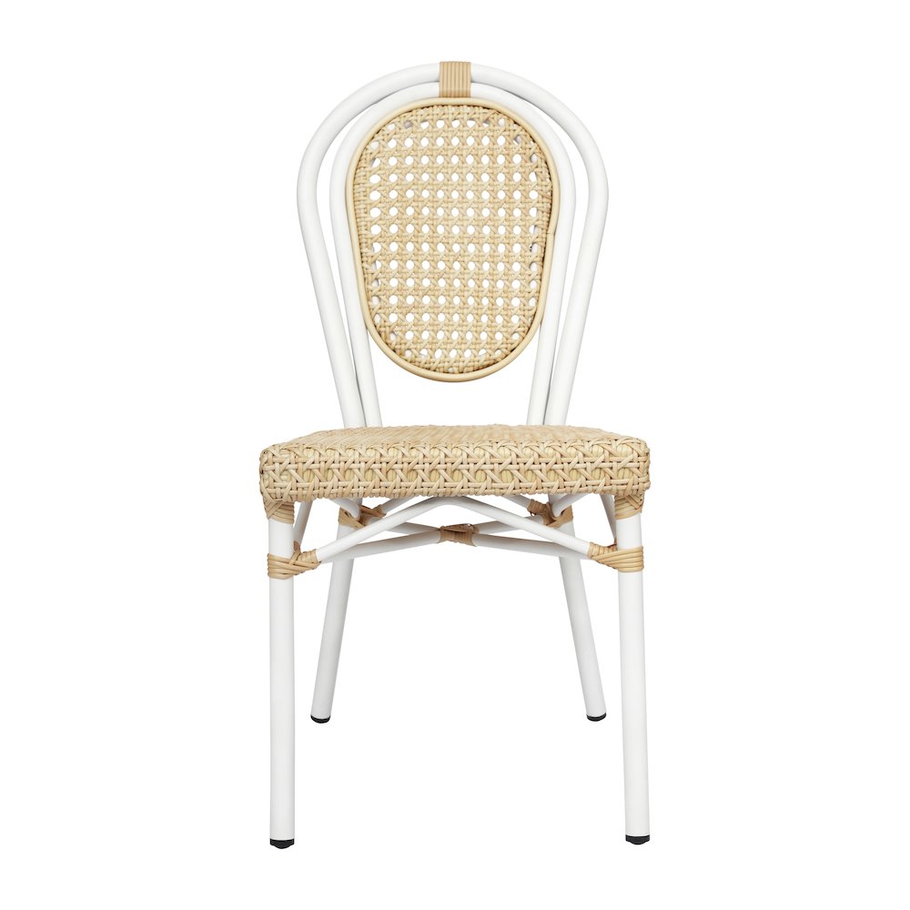 2 Pack Bistro Stacking Chair, Natural PE Cane Rattan and White Aluminum Frame. Picture 11