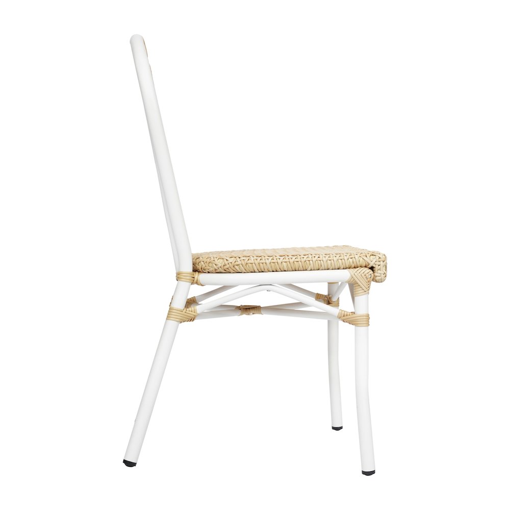 2 Pack Bistro Stacking Chair, Natural PE Cane Rattan and White Aluminum Frame. Picture 10
