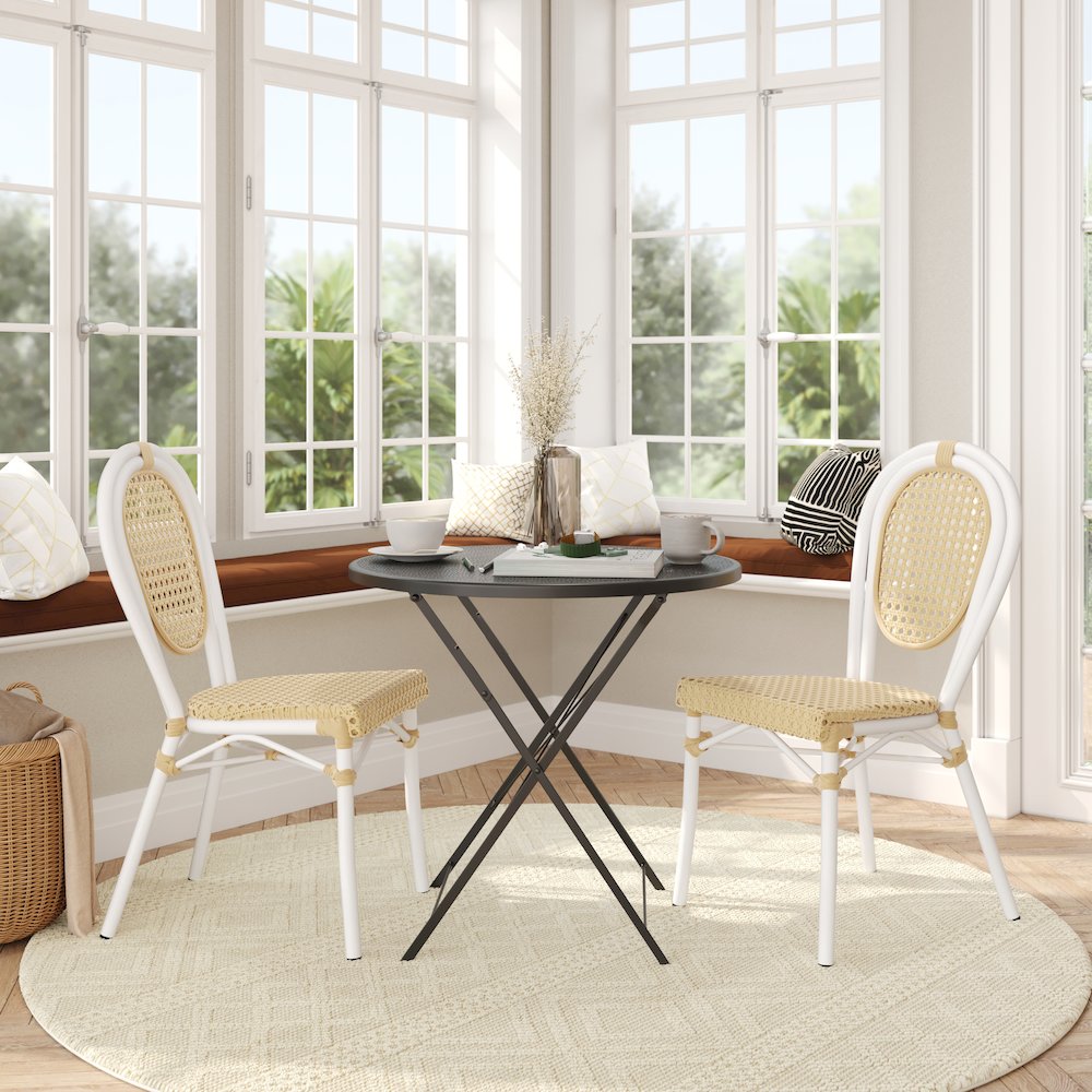 2 Pack Bistro Stacking Chair, Natural PE Cane Rattan and White Aluminum Frame. Picture 3