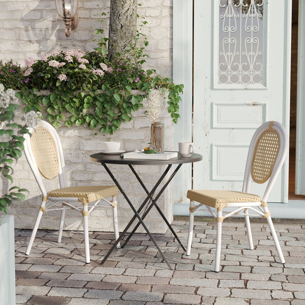 2 Pack Bistro Stacking Chair, Natural PE Cane Rattan and White Aluminum Frame. Picture 7