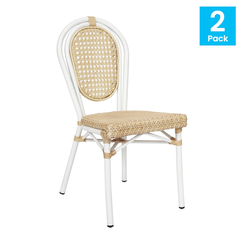 2 Pack Bistro Stacking Chair, Natural PE Cane Rattan and White Aluminum Frame. Picture 2