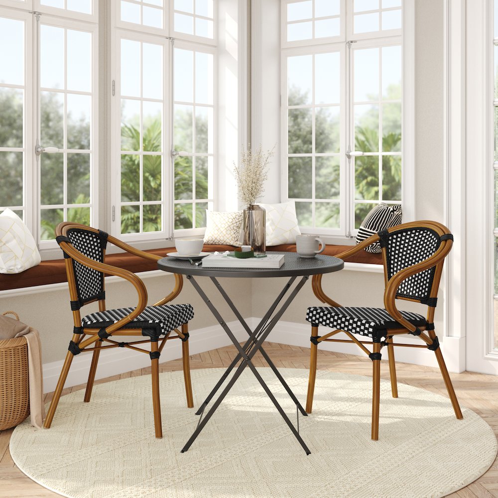 Set of 2 Classic Commercial Grade Bistro Chairs, Black & White/Natural Frame. Picture 3