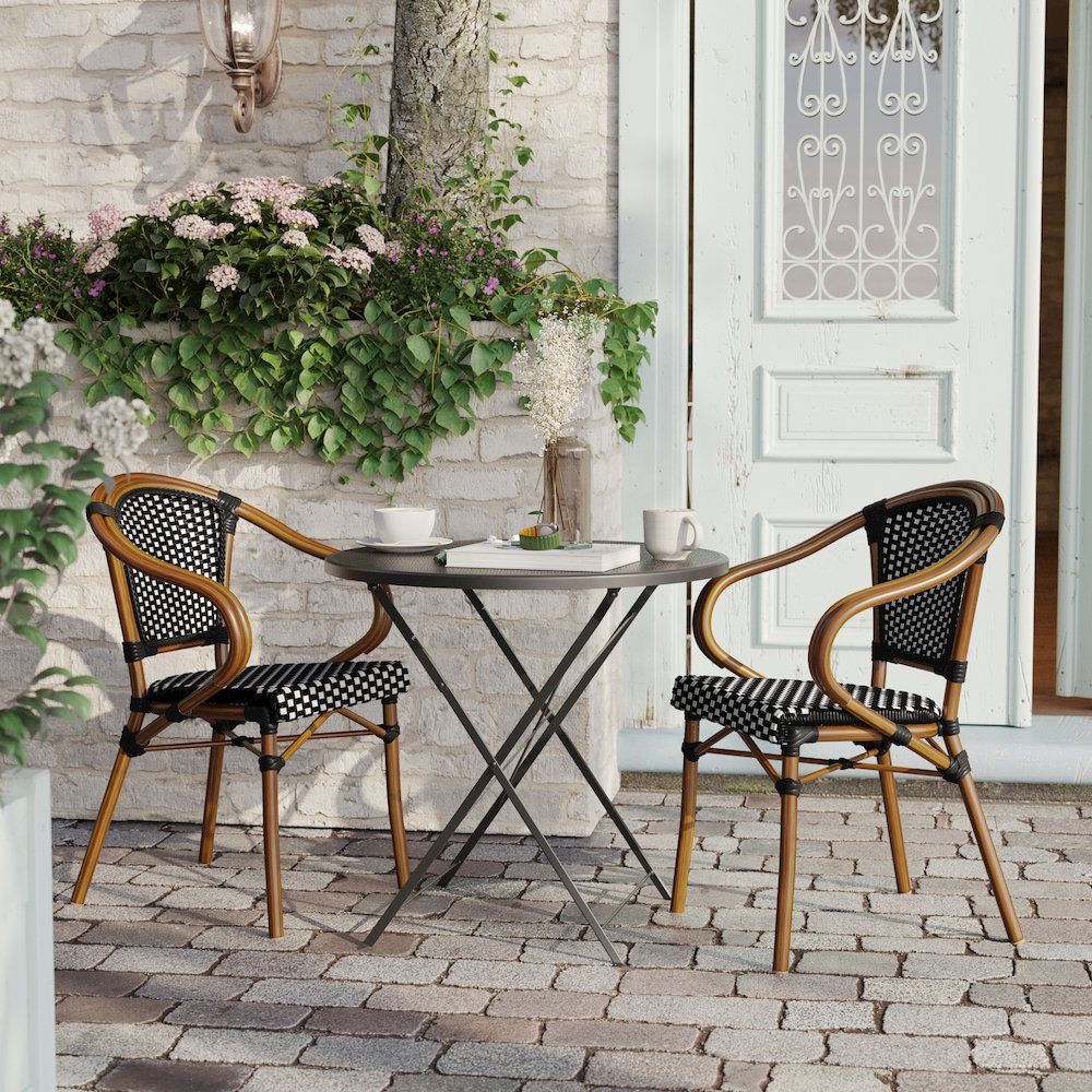 Set of 2 Classic Commercial Grade Bistro Chairs, Black & White/Natural Frame. Picture 7