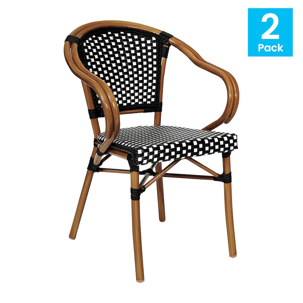Set of 2 Classic Commercial Grade Bistro Chairs, Black & White/Natural Frame. Picture 2