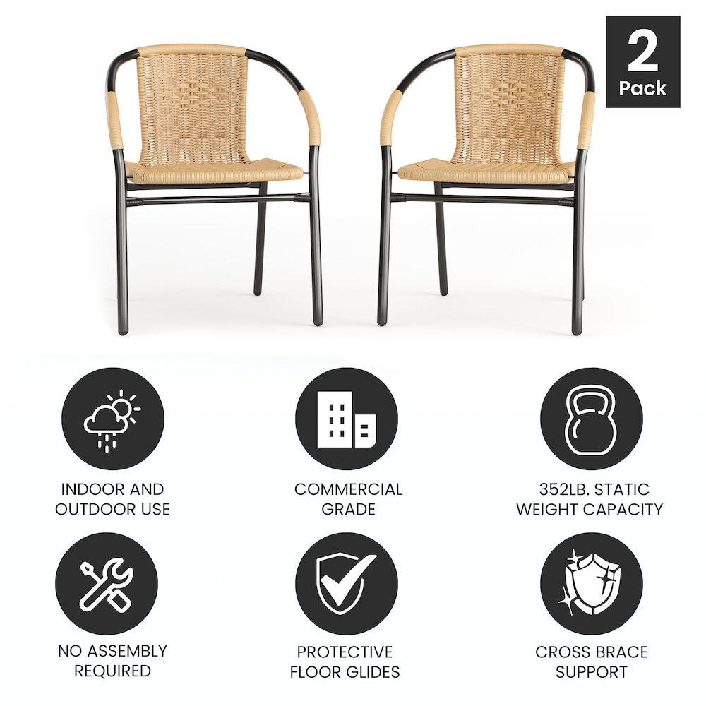 2 Pack Beige Rattan Indoor-Outdoor Restaurant Stack Chair. Picture 4