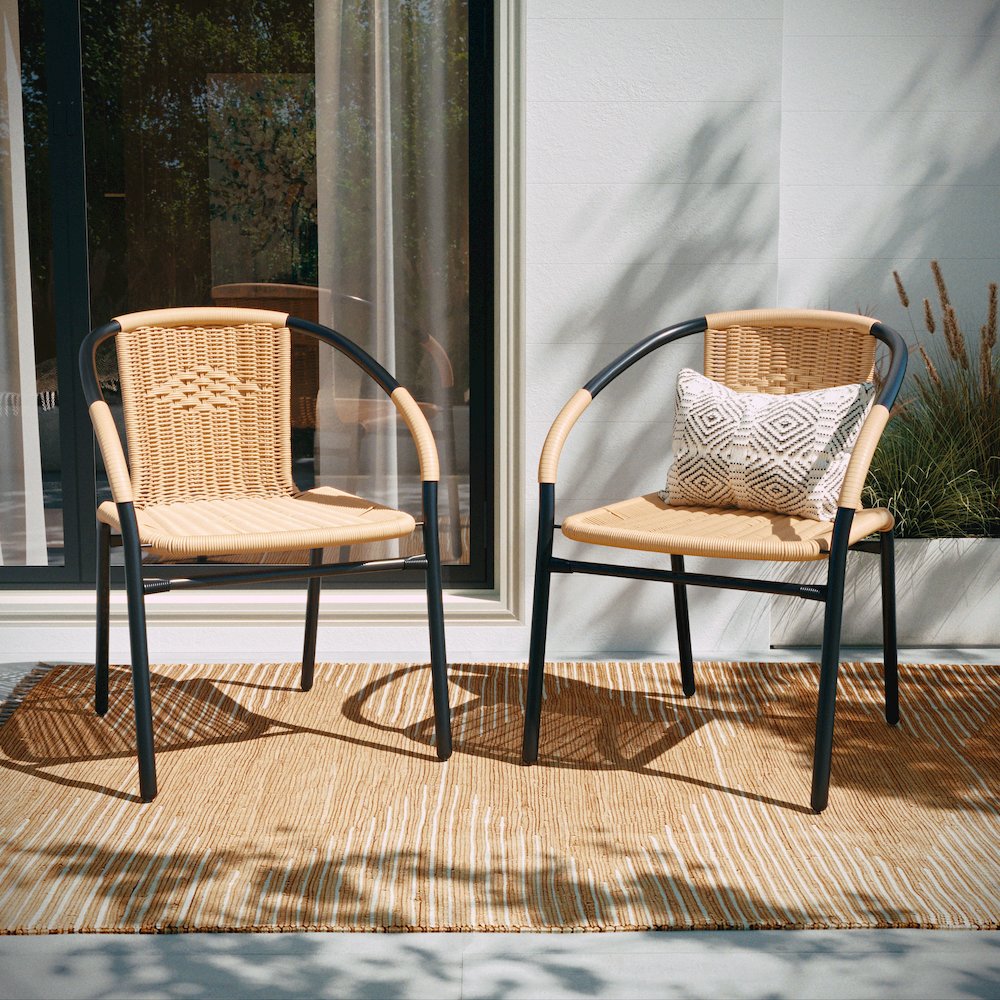 2 Pack Beige Rattan Indoor-Outdoor Restaurant Stack Chair. Picture 2