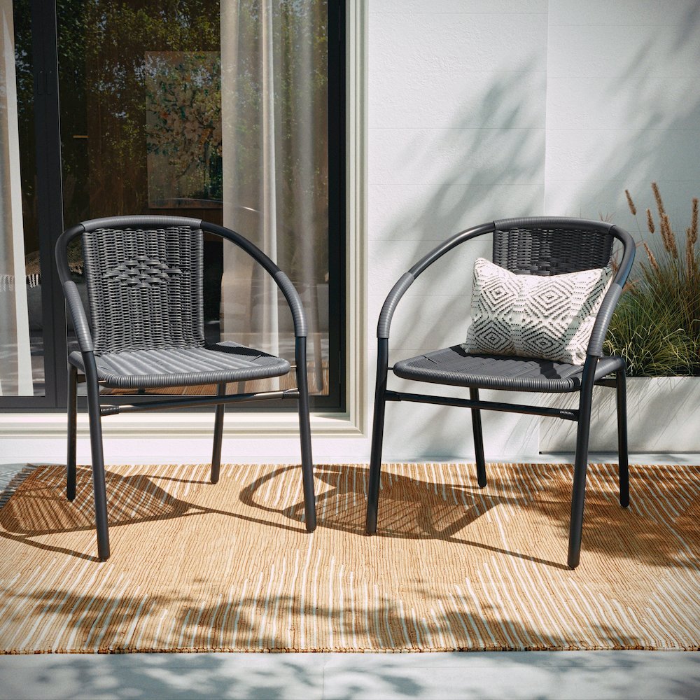 2 Pack Gray Rattan Indoor-Outdoor Restaurant Stack Chair. Picture 8