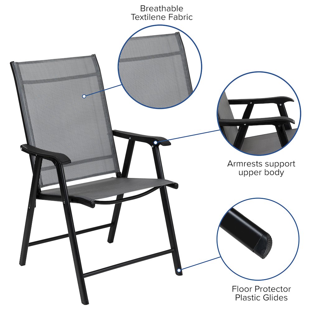 Gray Outdoor Folding Patio Sling Chair with Black Frame (2 Pack). Picture 5