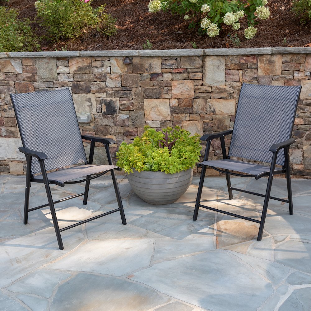 Gray Outdoor Folding Patio Sling Chair with Black Frame (2 Pack). Picture 2