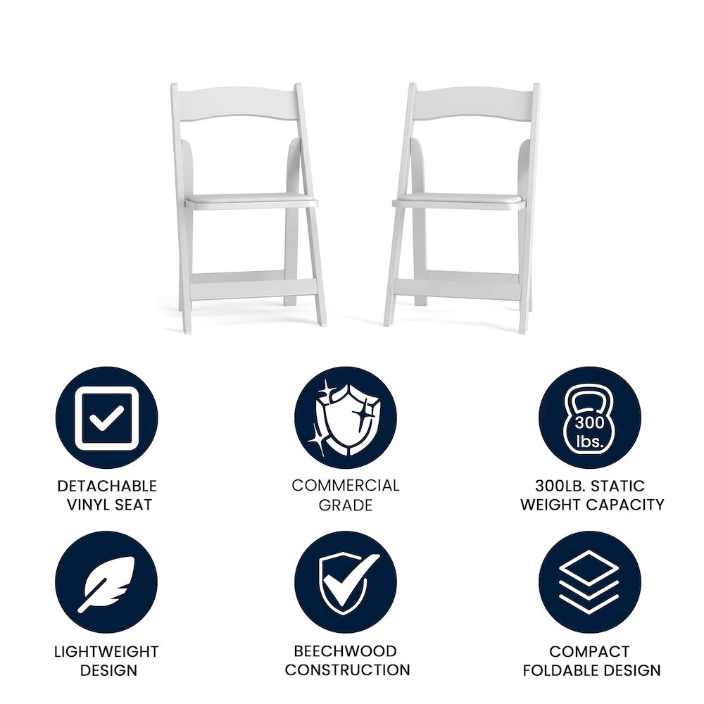 2 Pack White Wood Folding Chair with Vinyl Padded Seat. Picture 5