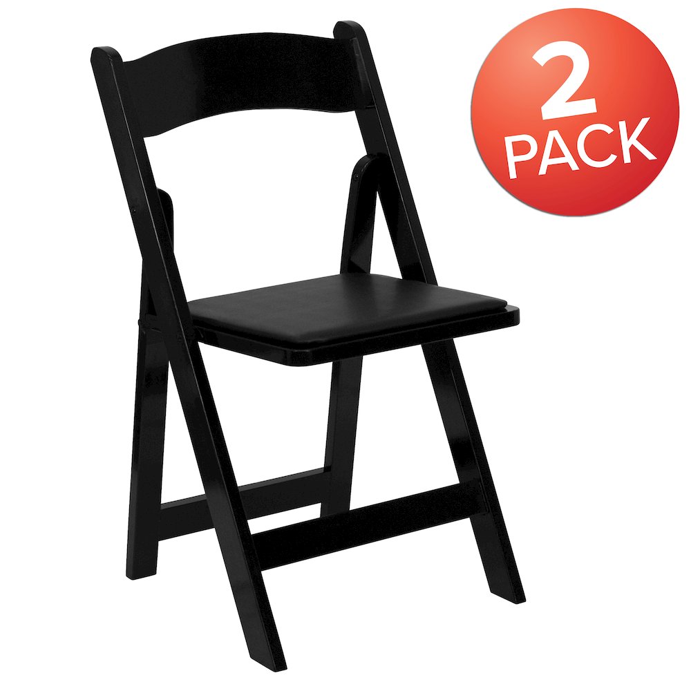 2 Pack Black Wood Folding Chair with Vinyl Padded Seat. Picture 1