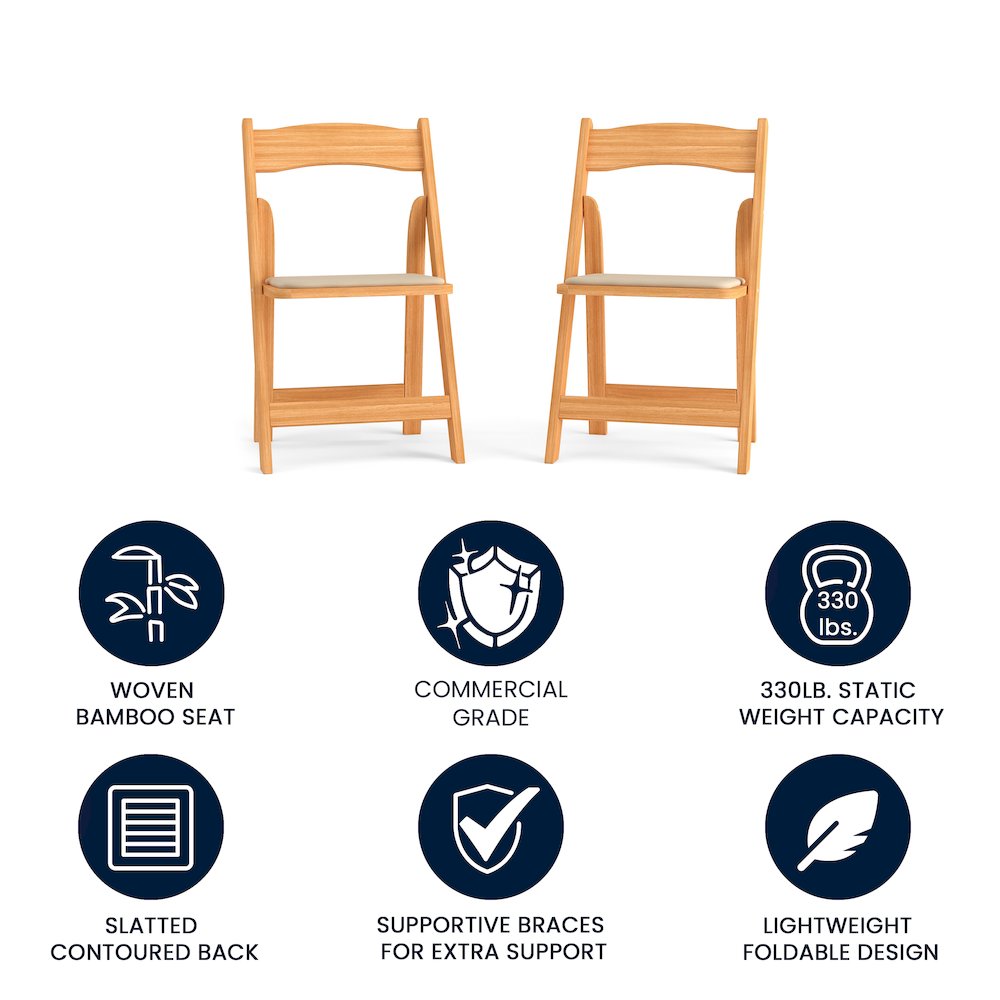 2 Pack HERCULES Series Natural Wood Folding Chair with Vinyl Padded Seat. Picture 5