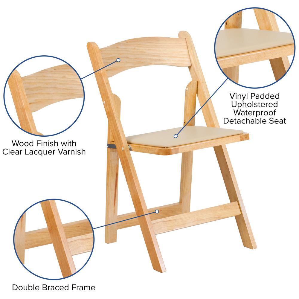 Natural Wood Folding Chair with Vinyl Padded Seat. Picture 7