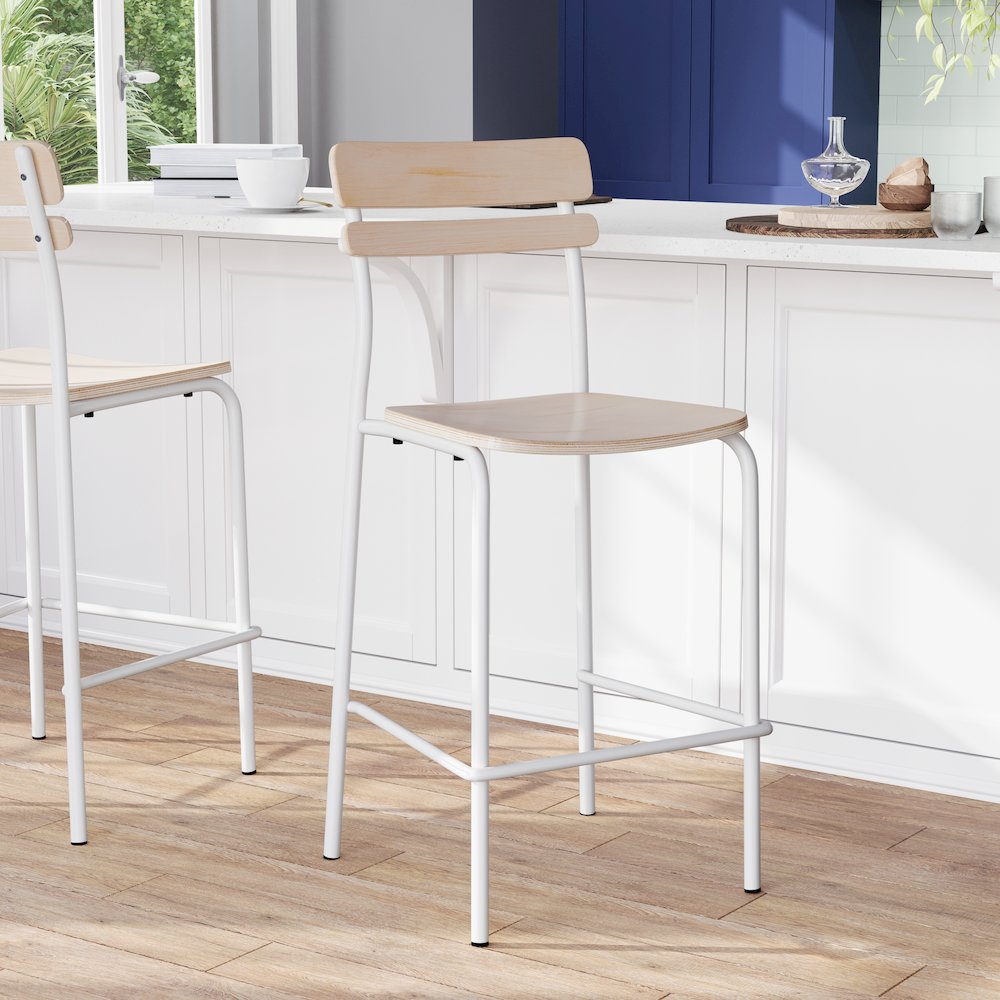 2 Pack Cyprus Solid Wood Bar Stools, White Metal Frames, Antique White Finish. Picture 3
