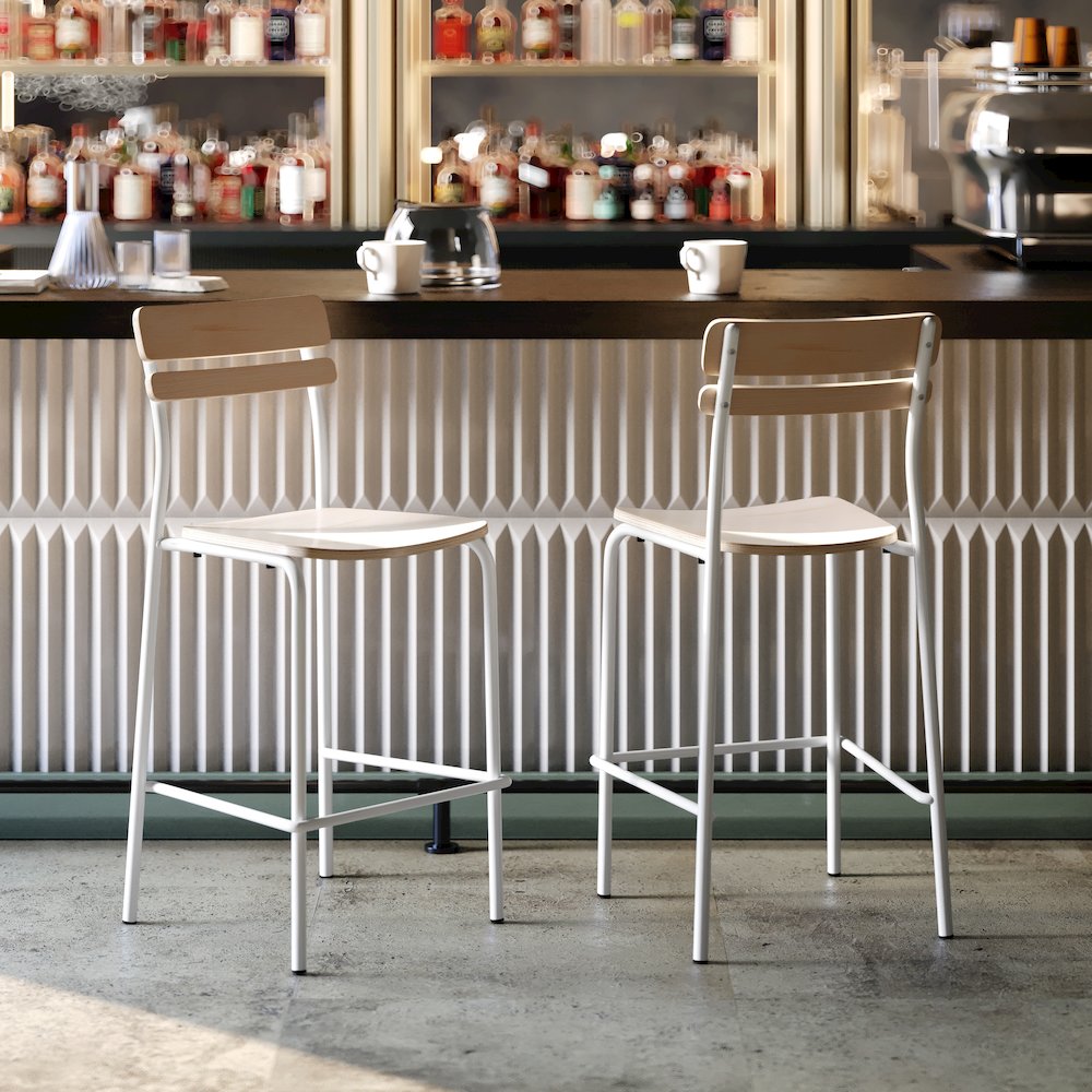 2 Pack Cyprus Solid Wood Bar Stools, White Metal Frames, Antique White Finish. Picture 7