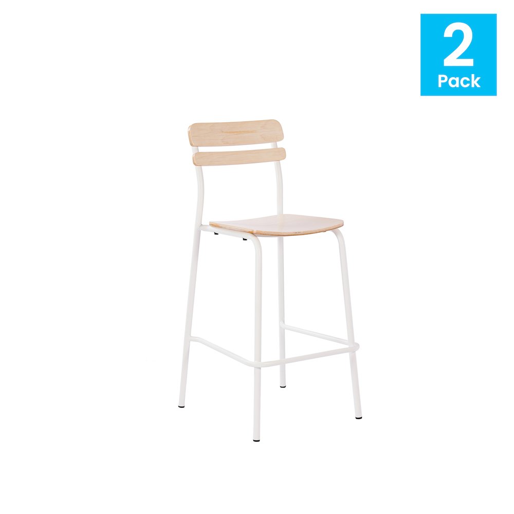 2 Pack Cyprus Solid Wood Bar Stools, White Metal Frames, Antique White Finish. Picture 2