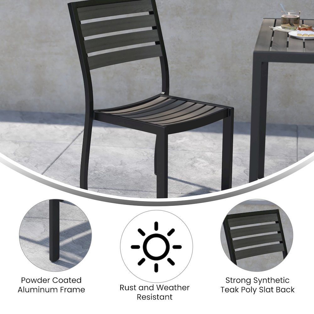 Outdoor Stackable Side Chair with Gray Wash Faux Teak Poly Slats, Set of 2. Picture 5