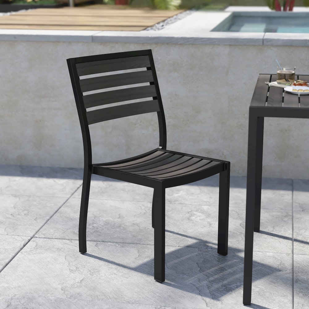 Outdoor Stackable Side Chair with Gray Wash Faux Teak Poly Slats, Set of 2. Picture 2