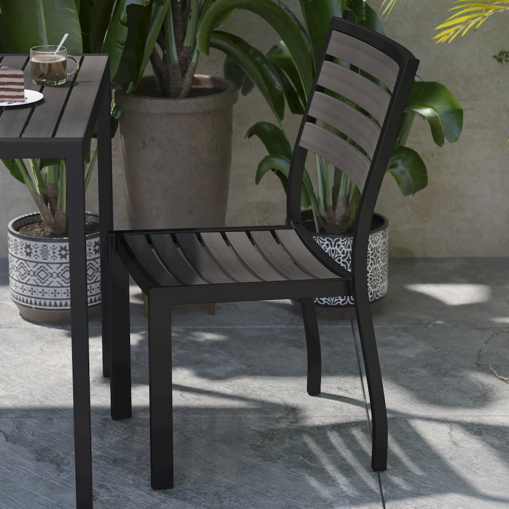 Outdoor Stackable Side Chair with Gray Wash Faux Teak Poly Slats, Set of 2. Picture 7