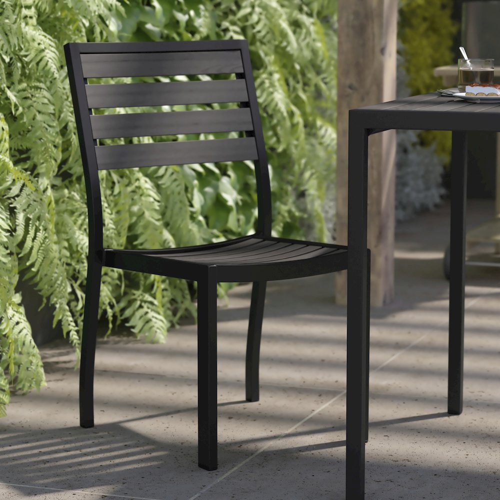 Outdoor Stackable Side Chair with Gray Wash Faux Teak Poly Slats, Set of 2. Picture 8