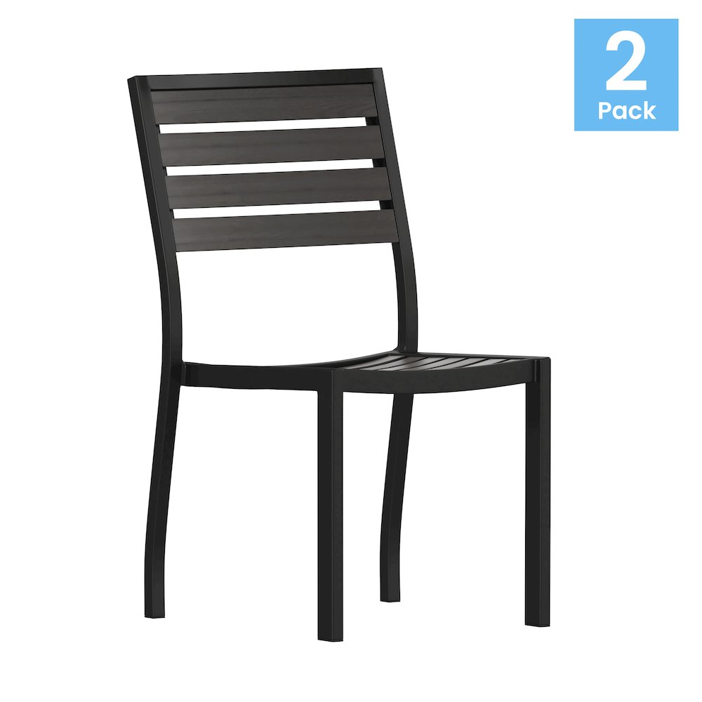 Outdoor Stackable Side Chair with Gray Wash Faux Teak Poly Slats, Set of 2. Picture 1