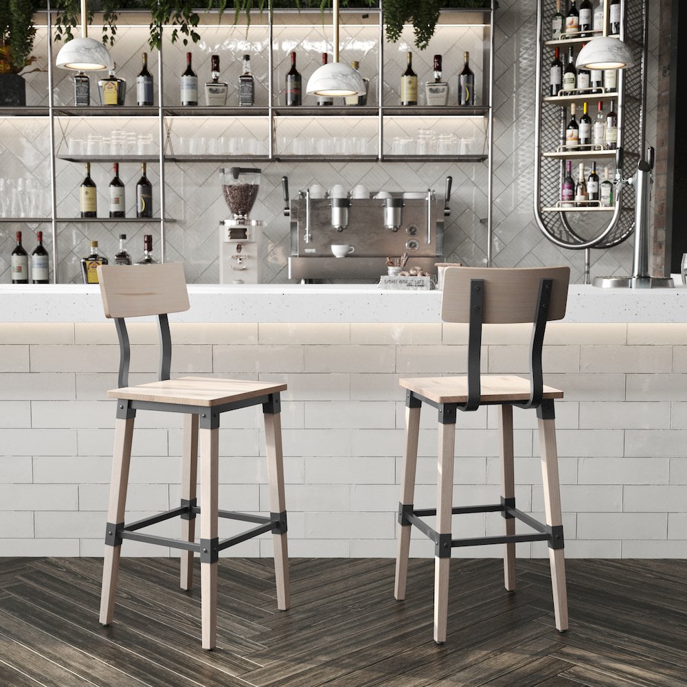 Jackson 2 Pack Rustic Antique White Industrial Wood Dining Barstool. Picture 3
