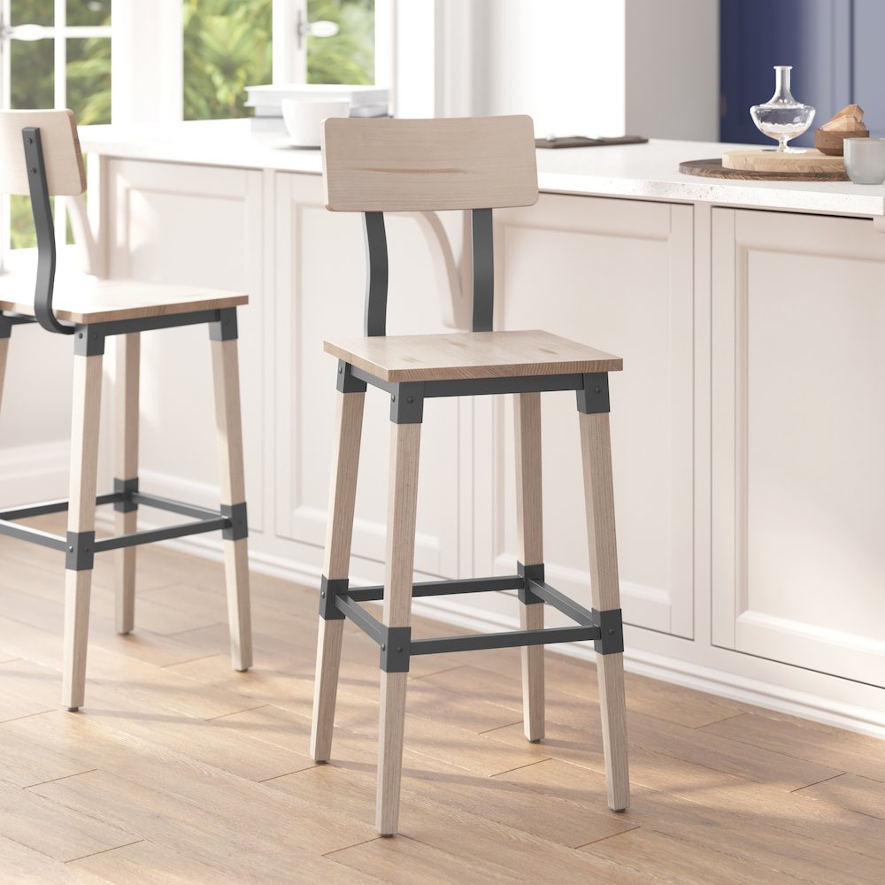 Jackson 2 Pack Rustic Antique White Industrial Wood Dining Barstool. Picture 7