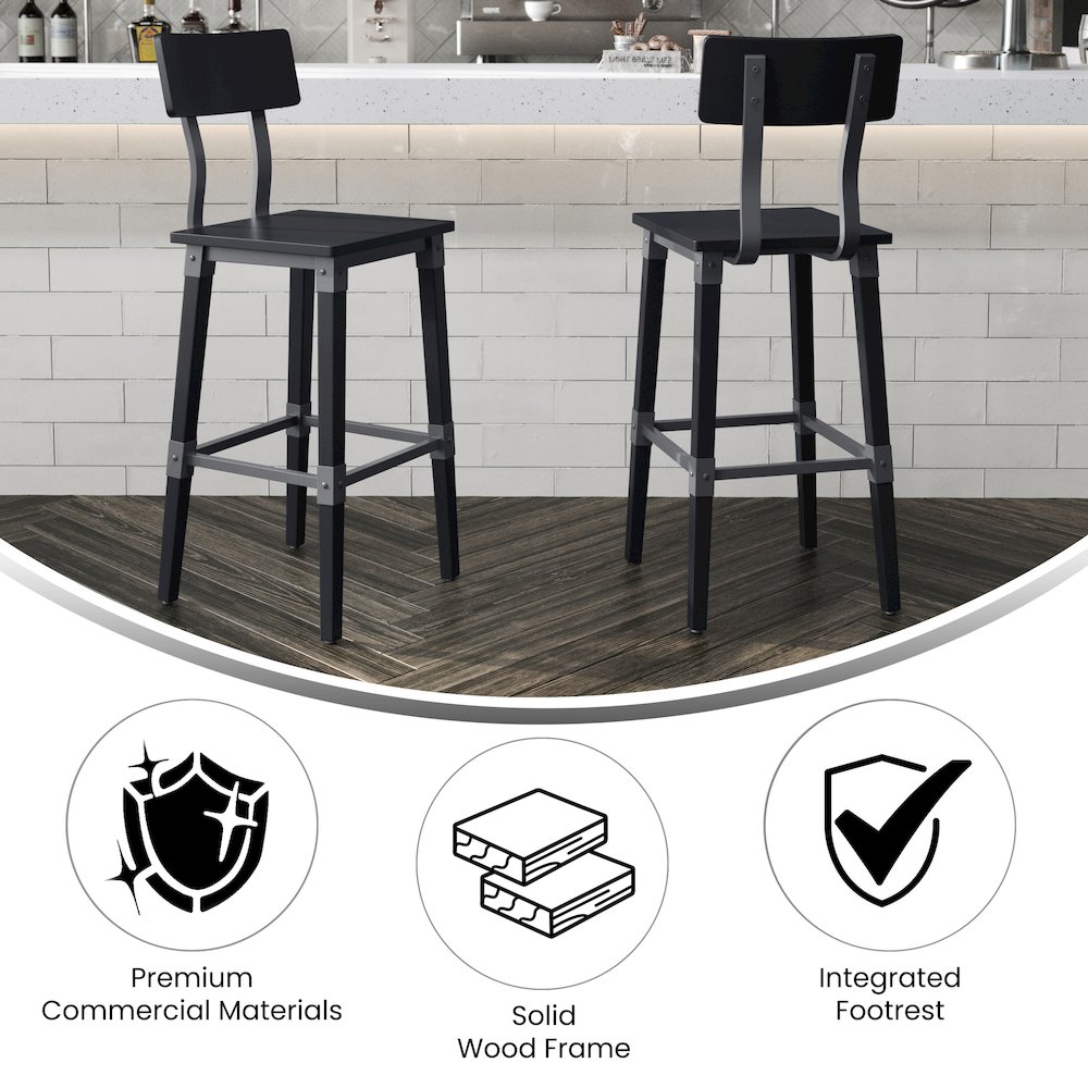 Jackson 2 Pack Commercial Grade Rustic Black Industrial Wood Dining Barstool. Picture 5