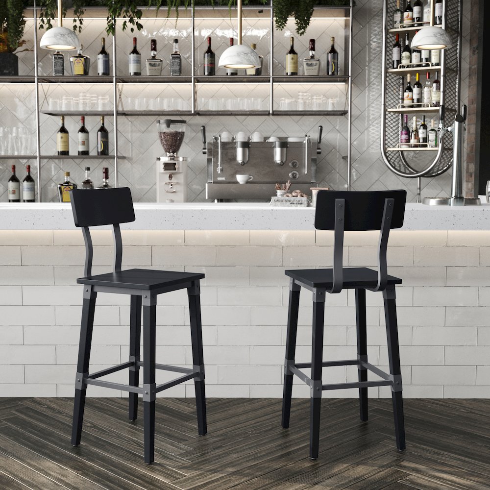 Jackson 2 Pack Commercial Grade Rustic Black Industrial Wood Dining Barstool. Picture 3