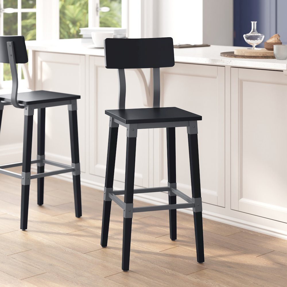 Jackson 2 Pack Commercial Grade Rustic Black Industrial Wood Dining Barstool. Picture 7